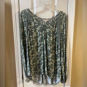 KNOX ROSE Womens Tunic Top Size Small Green Floral Long Sleeve V-Neck Button